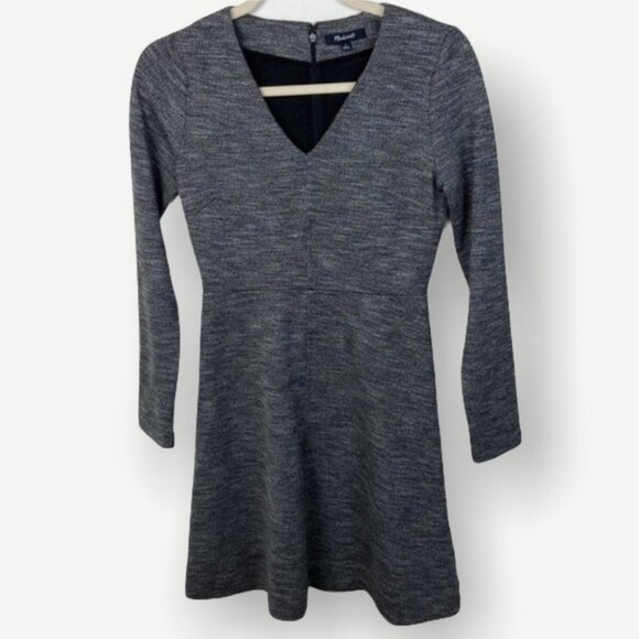 Madewell V-Neck Mini Dress Long Sleeves Grey Size 0 Bridgewalk Flare A-Line Boho - Picture 3 of 9